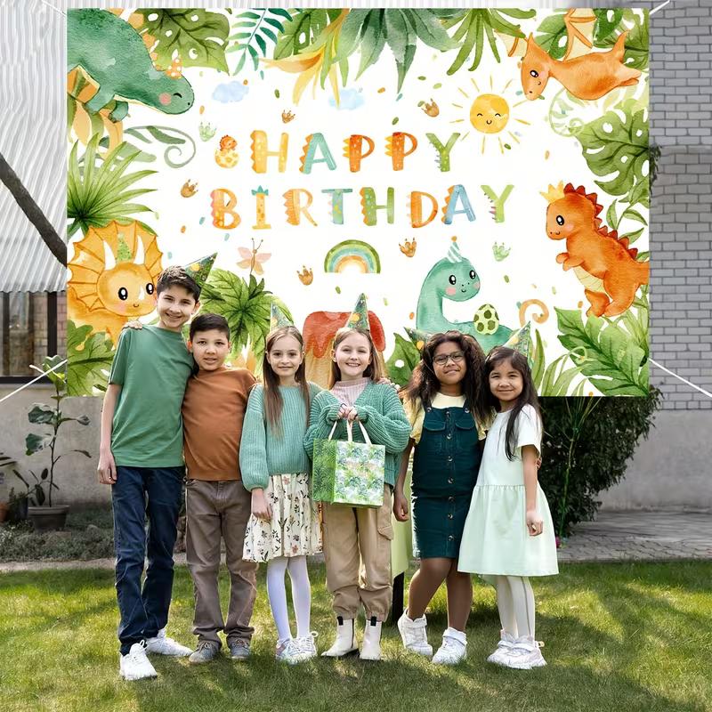 Cute Watercolor Dino Birthday Backdrop, Kids Birthday Photography Background Cloth with Jungle Plants & Volcano