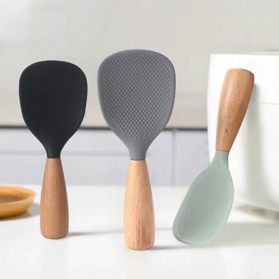 Silicone Rice Spoon with Wooden Handle Heat Resistant Non-Stick Stand-Up Design Rice Spatula Food Grade Kitchen Utensil for Serving Rice Cereal &