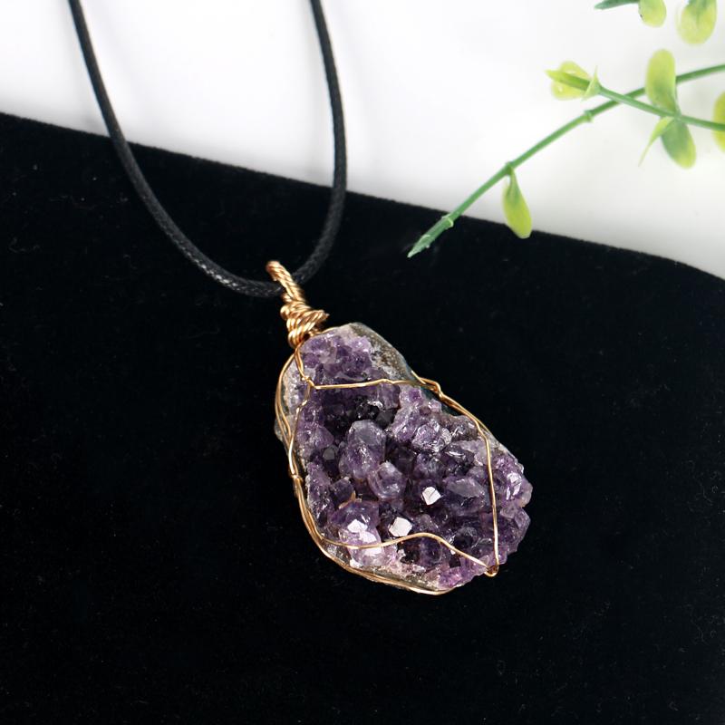 Natural Amethyst Crystal Pendant Wire Wrapped Raw Cluster Necklace Handmade Healing Gemstone Jewelry for Women Men Energy Gift
