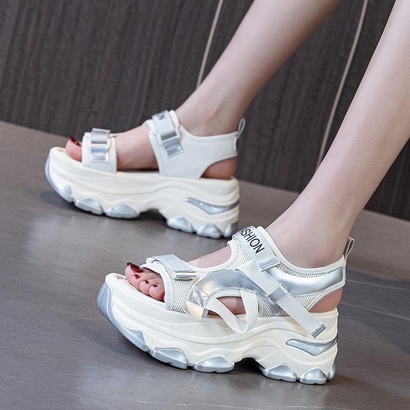 Fashion 7CM Air Mesh Synthetic Leather Sandals Breathable Women Summer Hollow Slipper Fashion Summer Sandals Platform Wedge Flats Shoes