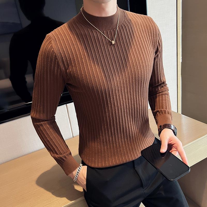 Solid Color Men's Striped Knit Sweater British Style Slim Fit Half Turtleneck Men's Casual Sweaters All Match Long Sleeve Pullovers Man