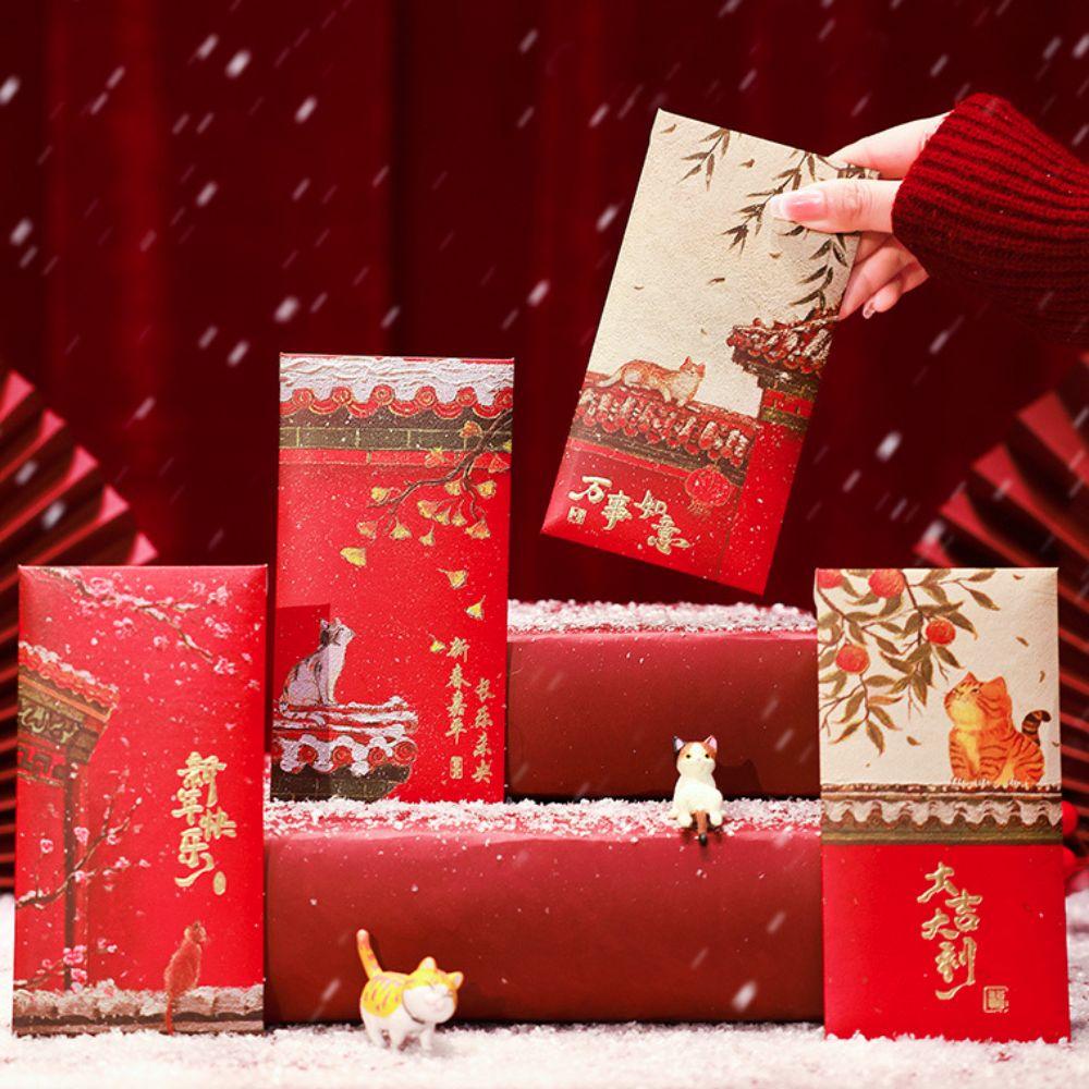 Rectangular Lucky Money Bag Cat Pattern HongBao Creative Forbidden City Red Envelope  Birthday