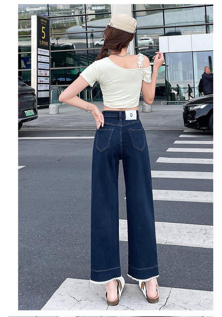 Women's Light Narrow-Wide Leg Jeans with Lace Trim - Autumn 2025 Petite Splicing Design