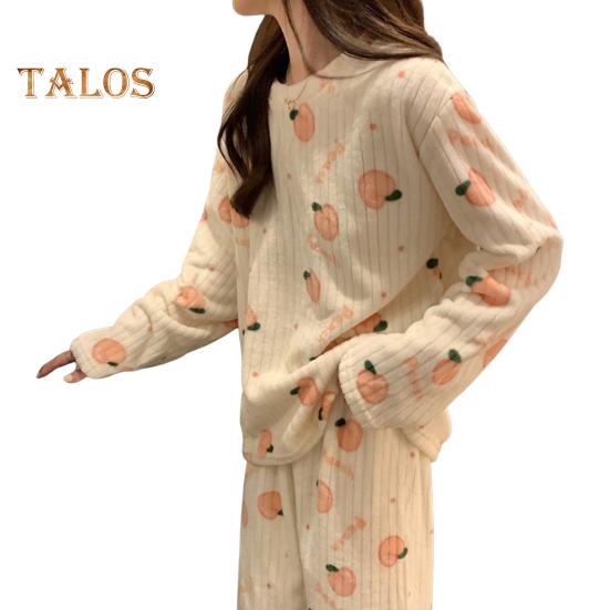 Ensemble de pyjama d'hiver 2 pièces pour femme, col rond, motif ours et pêche, manches longues, polaire corail, vêtements d'intérieur, haut et pantalon, vêtements de détente amples pour femme