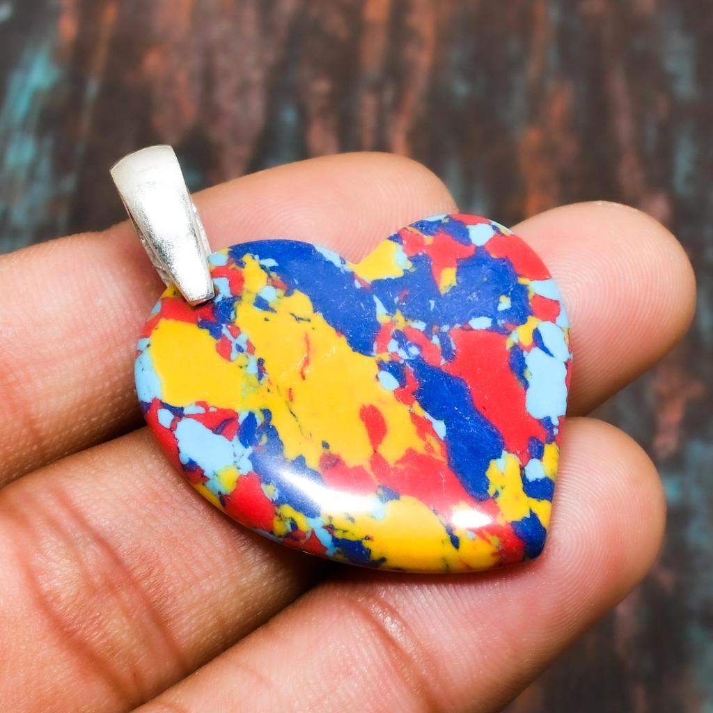 Piękny Jaspis Mozaikowy, Biżuteria Ręcznie Robiona z Kamieni Szlachetnych Wisiorek ze Srebra Próby 925