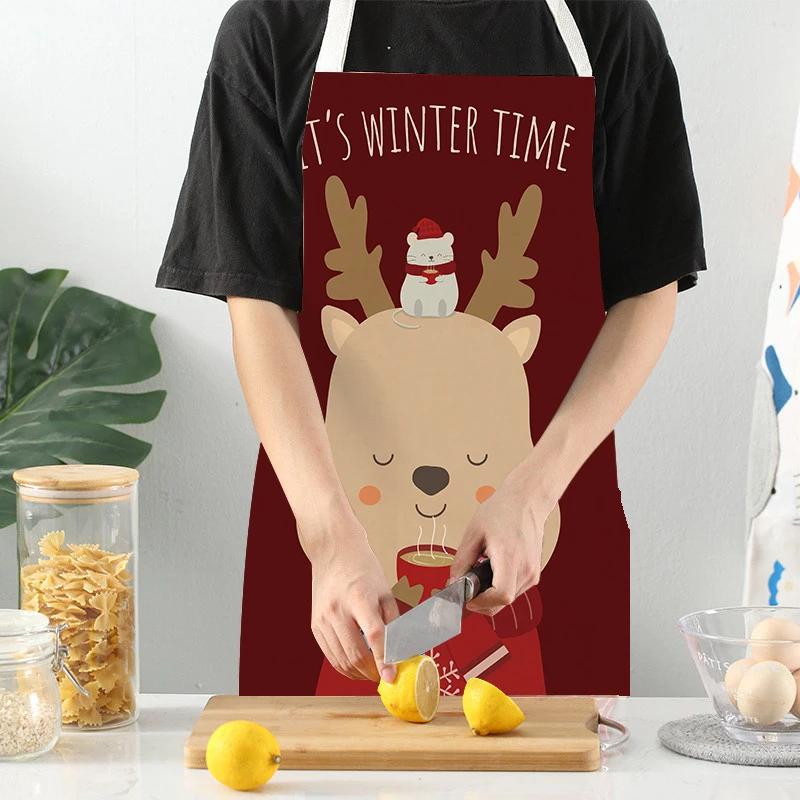 Christmas Apron Snowflake Tree Kitchen Apron Santa Claus Elk Snowman Print Aprons Dinner Party Cooking Apron Baking Accessories