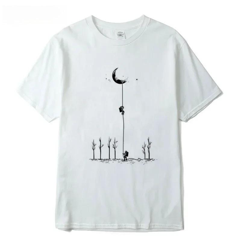 Summer Men's High-quality 100% Cotton Cool and Fun Astronaut Print Casual Loose O-neck T-shirt Hip-hop Short Sleeved Shirt