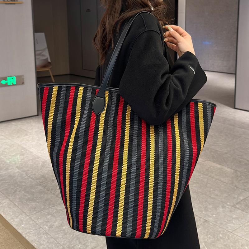 Borsa in Tela Donna Alta Gamma Grande Capacità Versatile Nicchia Righe Borsa a Mano Borse a Spalla