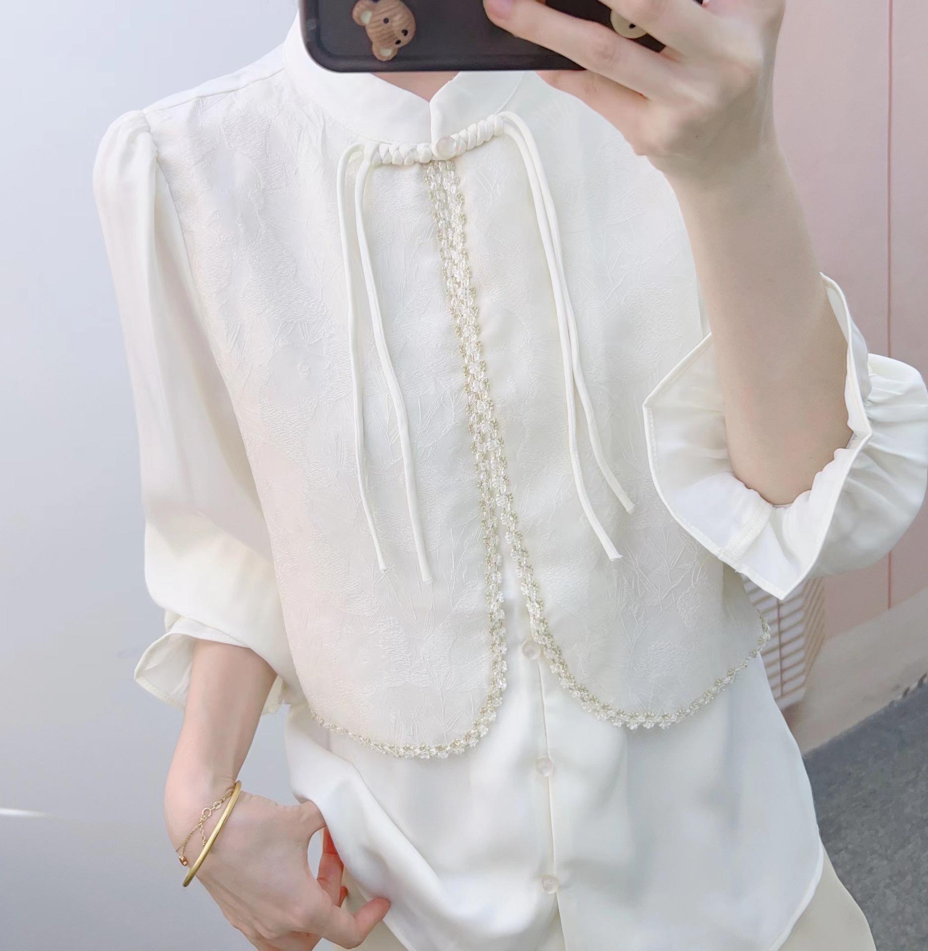 

Spring 2026 New French Style Button-Up Patchwork Shirt - Long Sleeve Top XXL (64-70 kg) білий