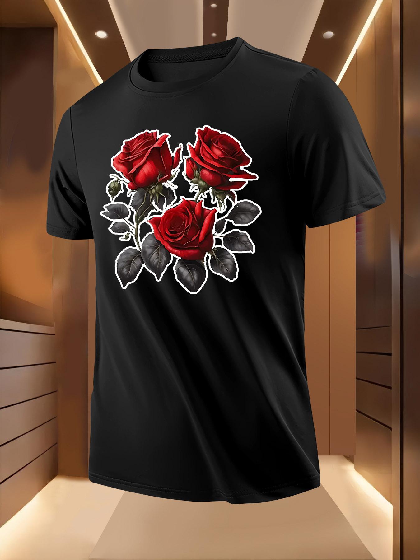 Bold Dark Rose Floral Tshirt - Black with Red Roses M