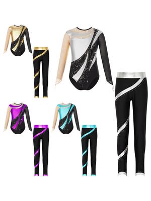 Kids Girls Long Sleeve Gymnastics Leotards with Leggings Sets Figure Ice Skating Outfits
