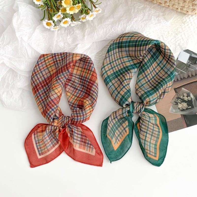 Silk Scarf Neck Small Square Scarf High-end New Versatile Plaid Headscarf Summer Women Pastoral Headband Tied Hair Streamer