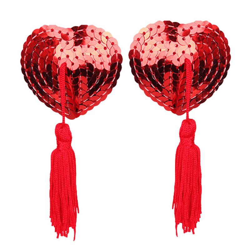 Heart-Shaped Sequined Nipple Covers with Tassels - Silicone Pasties Lingerie Accessories