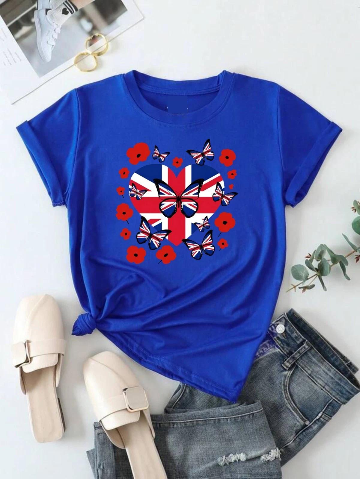 Union Jack Butterfly British Britain Flag Womens T- Shirt Patriotic Outwear Gifts S