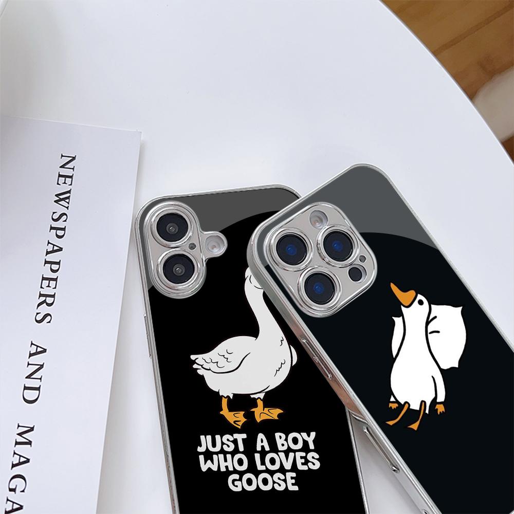N175 Just a Boy Who Loves Goose Phone Case for iPhone 16 15 Pro Max Samsung S24 S23 A54 A35 Xiaomi Redmi Note 13 Pro Plated Frame Tempered Glass Cover