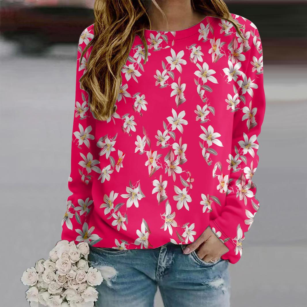 

Осенняя женская мода с круглым вырезом и длинным рукавом, свободная одежда, зеленая футболка с принтом лилии для девочек, уличная одежда 8XL ярко-розовый