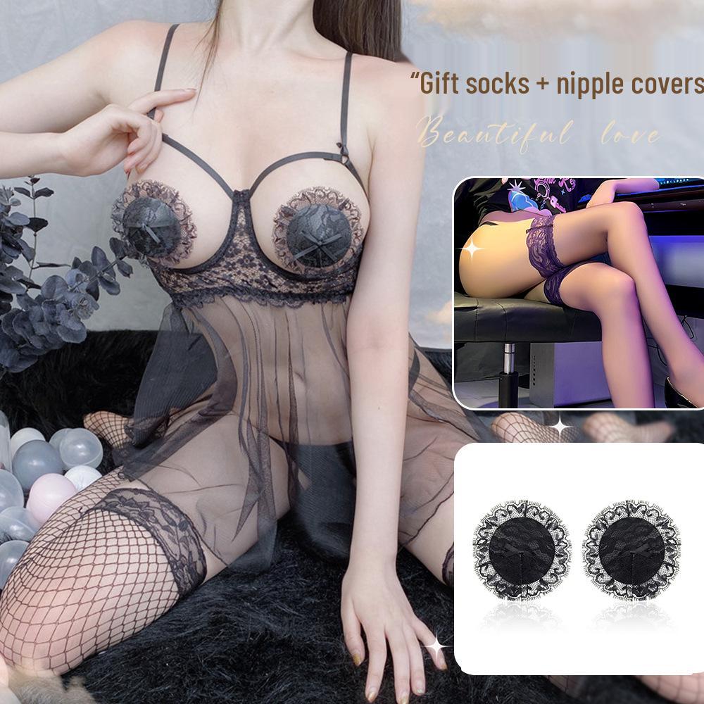 Transparent Erotic Lingerie Set with Underwire and Open Crotch - Removable Sleep Dress for Small Chest