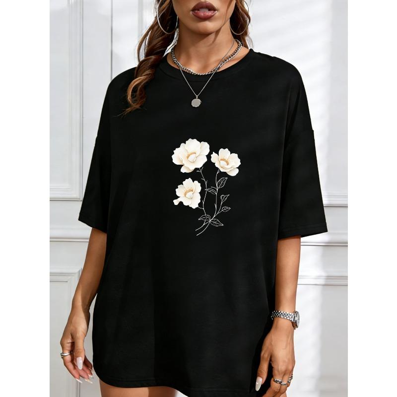 

Белая футболка с коротким рукавом с цветочной вышивкой для повседневной носки XXXXL чёрный