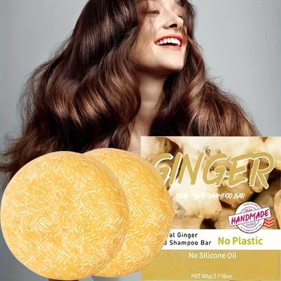 60g Ingwer-Shampoo-Seife, geeignet für normales Haar. Rein natürlich, um dünner werdendes und dickeres Haar zu verhindern. Stärkt die Haarwurzeln und repariert Spliss.