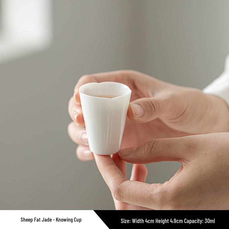 Premium Mutton Fat Jade Ceramic Gongfu Tea Set - Aroma Tasting Cup with Coaster, Customizable for Guests