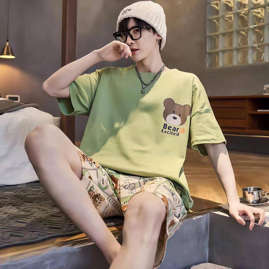 Men's Short-Sleeve Cartoon Pajama Set with Shorts
