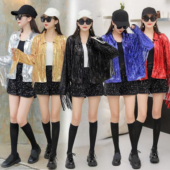 Lapel Long Sleeve Open Stitch Short Type Women Coat Shiny Sequins Tassel Stage