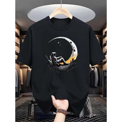 Summer Men's 100% Pure  Casual Loose Fit Astronaut Login Moon Pattern Printed Comfortable Round Neck Short Sleeved T-shirt