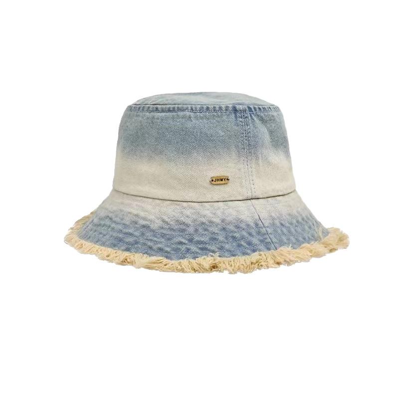 New Japanese-style Gradient Frayed Edge Washed Denim Fisherman Hat, Summer Sun Protection Hat for Women, Bucket Hat