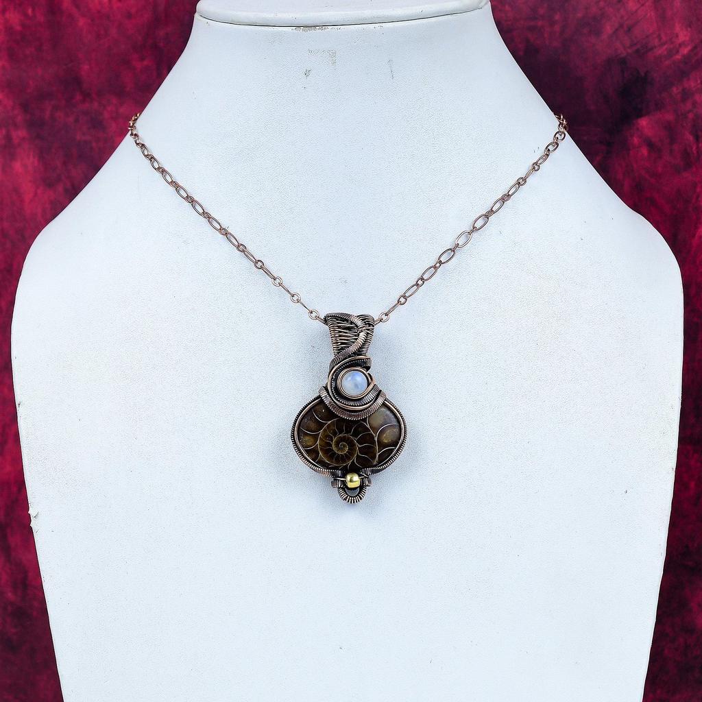 Ammonite Fossil Pendant Rainbow Moonstone Jewelry Copper Wire Wrapped Pendant