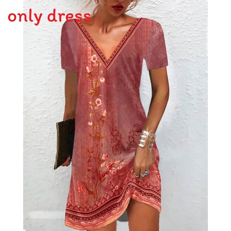 Ethnic Floral Print Lounge Dress With V Neck For Casual Summer Wear