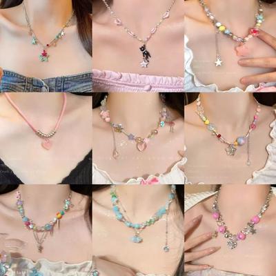 Summer Dopamine Color Beaded Necklace Exquisite Niche Sweet Neck Chain Elegant Bow Collarbone Chain Choker