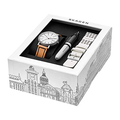 Skagen Men's Signatur Brown and White Leather Watch SKW1109 Gift Set with Replacement Strap and Pen