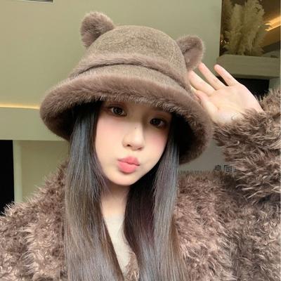 Autumn and Winter New Rabbit Fur Double Ball Basin Hat Cute Soft Cute Bear Ear Hat Women's Cold Bucket Hat