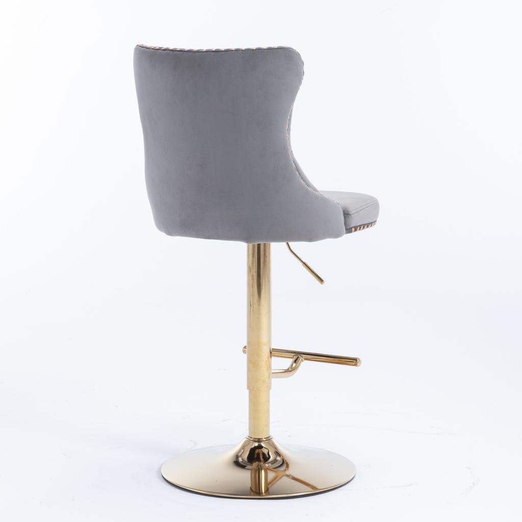 Velvet Swivel Bar Stools, Height 25-33 Inches, Tufted Button Back, Gold Nailhead Trim, Gold Base, for Kitchen Island Home Pub Cafe, Gray, DE1912GY