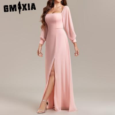 Elegantes, vielseitig tragbares, trägerloses, elastisches Chiffonkleid mit langen Ärmeln, Reißverschluss auf der Rückseite und hohem Schlitz in A-Linie für Damen