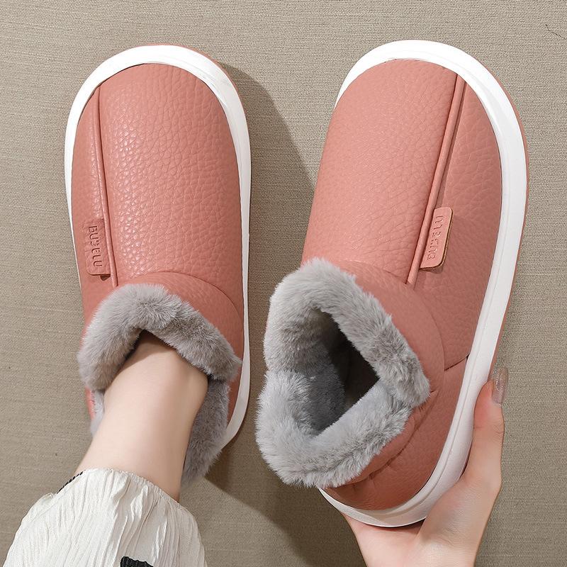 Waterproof Cotton Slippers Winter Indoor Home Household Plush Warm and Non-slip Winter Pu Cotton Shoes