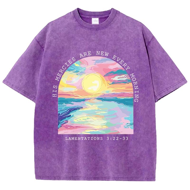 His Mercies Are New Every Morning Printed Washed TShirt Women Cotton Tops Street Distressed ONeck T Shirt Summer Woman Clothes