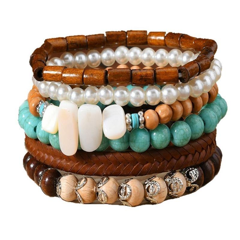6-Piece Set of New Wooden Beaded Pearl Leather Men's and Women's Bracelets, Suitable for Daily Wear by Men and Women