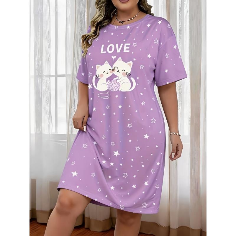 Women's Comfortable Short-sleeve Crewneck T-shirt Dress - Cute Cat and Star Letter Print Casual Dress with Star Embellishments
