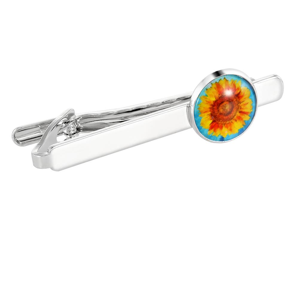 New Sunflower Pattern Round Cufflinks Mens Time Gem Flower Tie Clip
