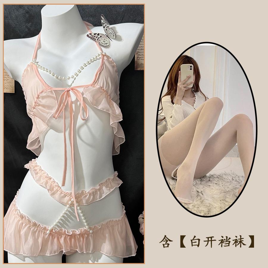 Sexy Underwear Sexy Breast Pearl Neck Three-point Lace Uniform Hip Perspective Cute Woman