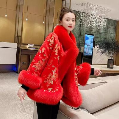 Invierno nuevo estilo celebridad capa chal abrigo femenino rojo novia capa abrigo boda china