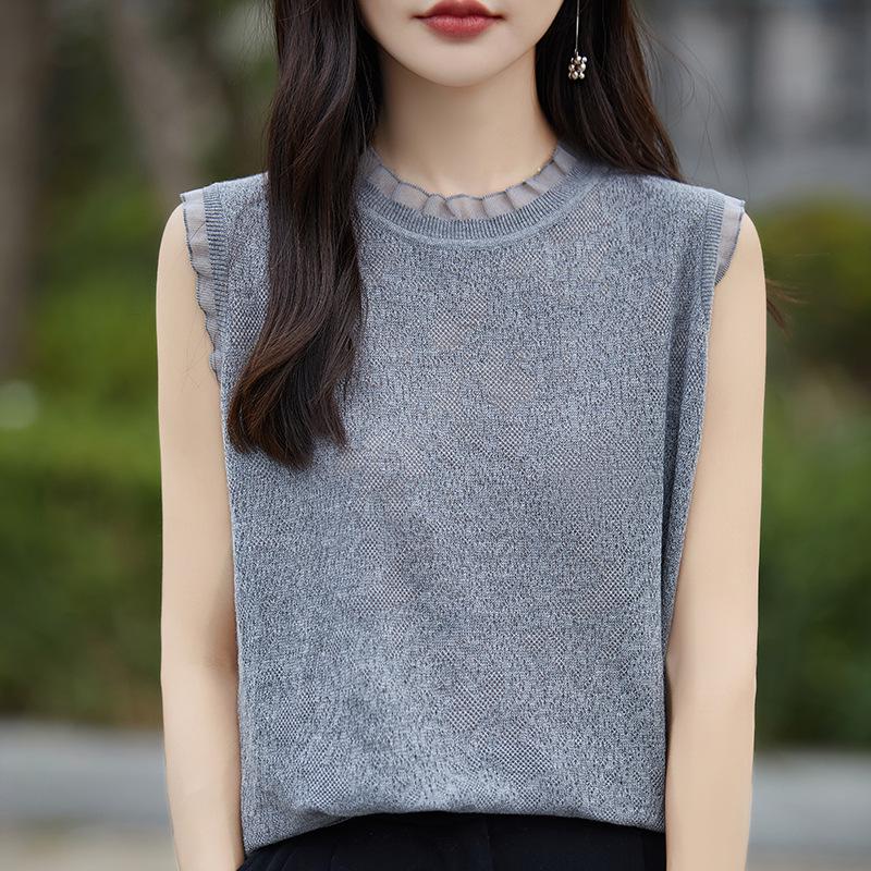 

Вязаный жилет без рукавов с шерстяным воротником, отделанным кружевом, для начала осени Extra Large