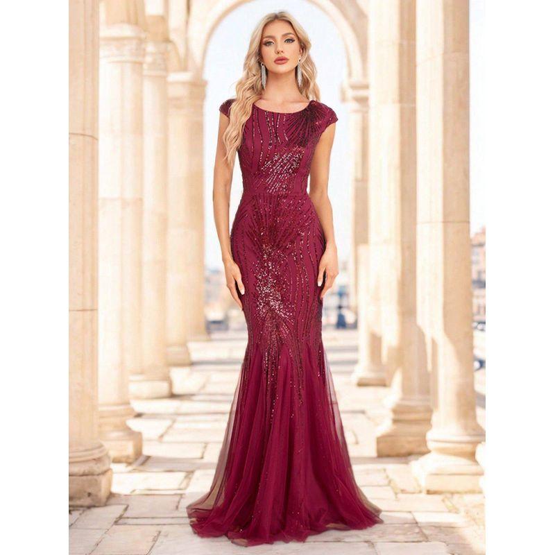European and American Style Dress, New Burgundy Long Dress, Fishtail Sequin Slim Fit Fishtail Birthday Party Evening Dress Burgundy S