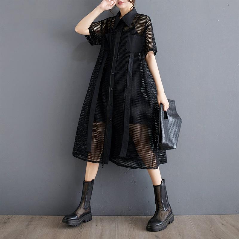 Short Sleeve Plus Size Mesh Perspective New In Dresses for Women Casual Loose Midi Summer Shirt Dress