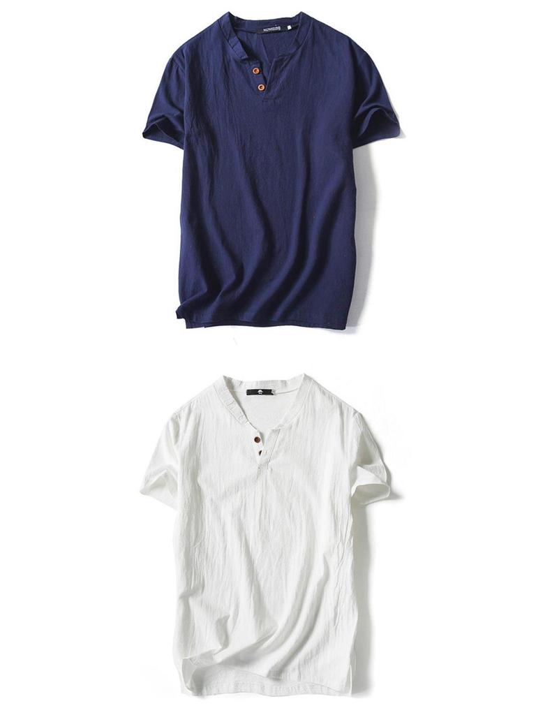 Men's Plus Size Summer Cotton-Linen V-Neck Loose Fit Short Sleeve T-Shirt