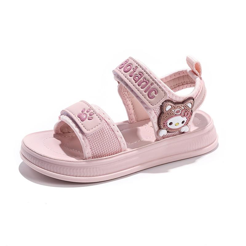 Children's open-toe beach shoes for spring and summer, cute bear-themed hook-and-loop sandals for girls.