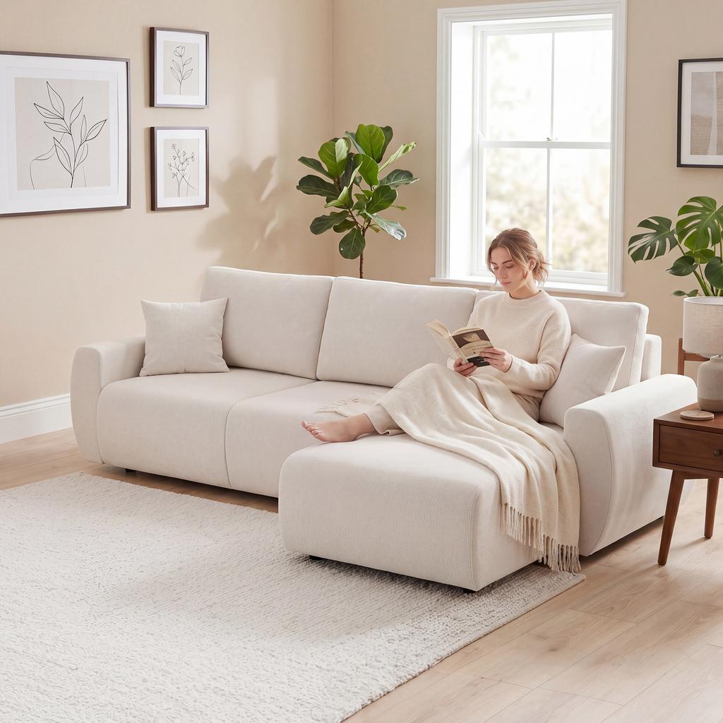 Sleeper Sofa with Reversible Chaise Longue, L-Shaped 3-Seater Sofa with Velour Cover, Cream White