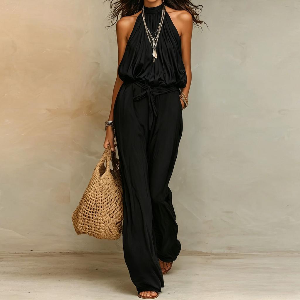Women Sleeveless Jumpsuit Halter Neck Tie Waist Wide Leg Vacation Long Pants Romper
