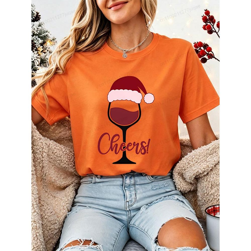 Drinking Christmas T‑shirt Funny Cheers Wine Graphic T-Shirts Short Sleeve Tee Casual Xmas Holiday Tops Gift for Wine Lovers